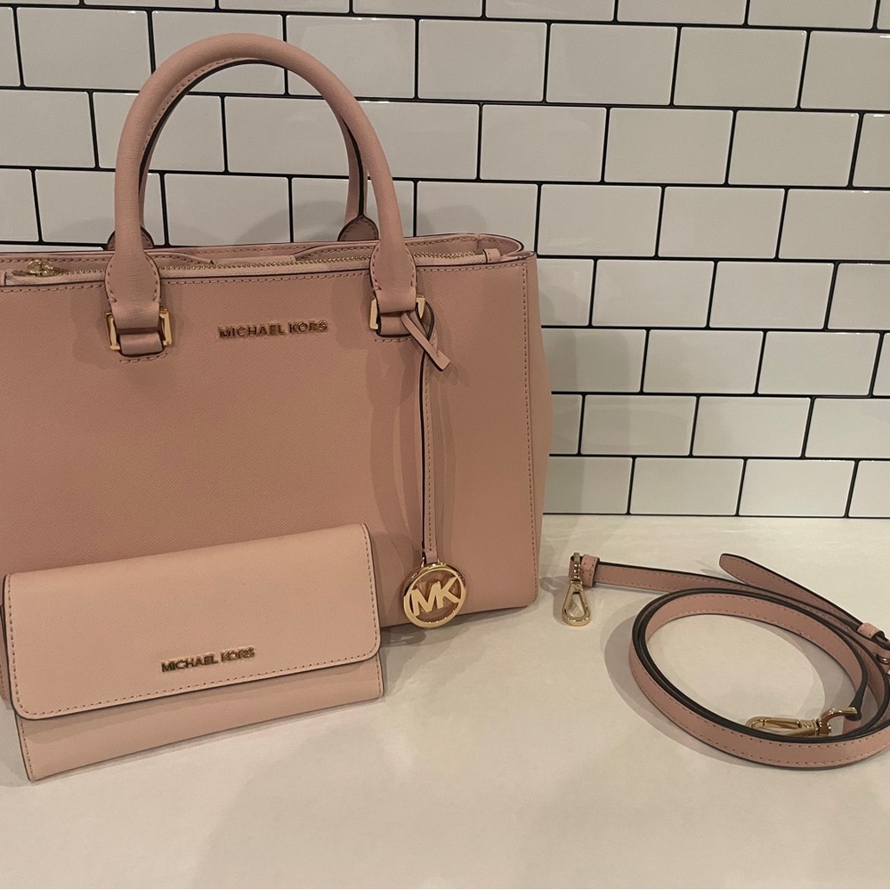 Michael Kors Blush Pink Saffiano Leather Handbag w/ Strap and Matching Wallet